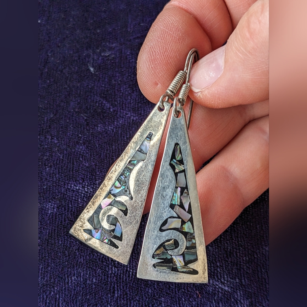 Vintage 925 Sterling Silver Southwestern Drop Earrings By Taxco Mexico - Picture 2 of 8